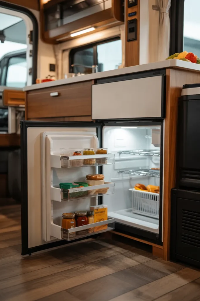 RV kitchenette with slim slide-out fridge system extended from lower cabinet, showing hidden but accessible cold storage in a tight space-saving design