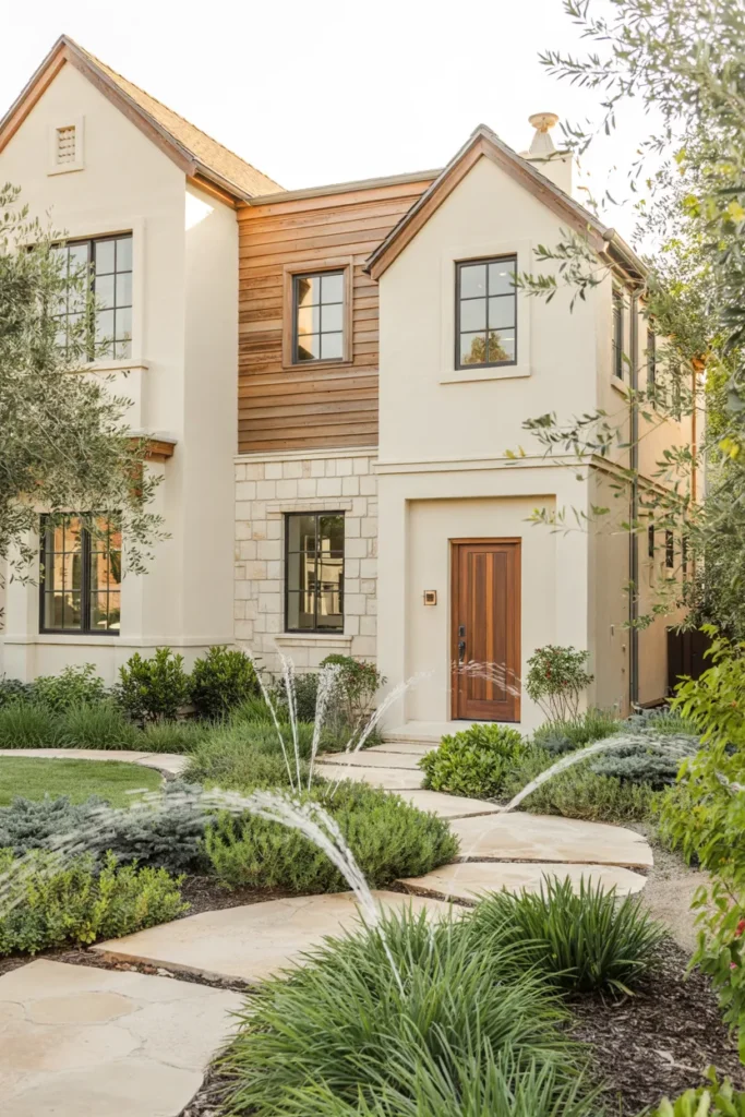 Modern home with smart irrigation landscaping featuring automated watering systems, lush eco-friendly plants, modern pathways, and sustainable luxury curb appeal.