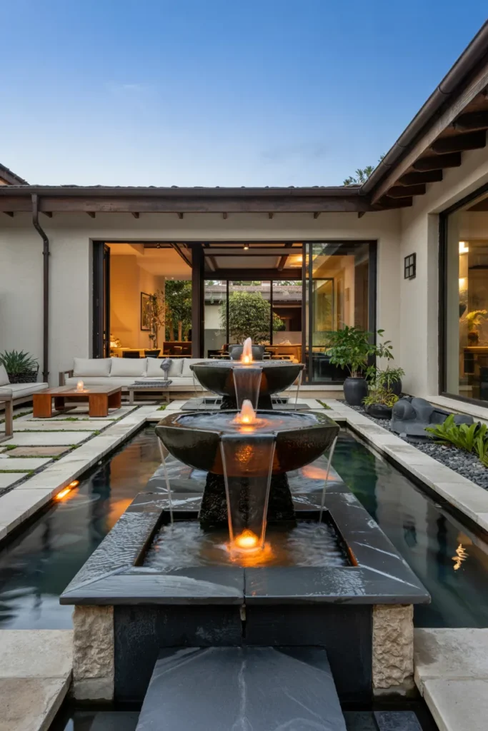 Smart luxury fountain system with programmable lighting, automated pond technology, reflective water features, and modern transitional outdoor living design.