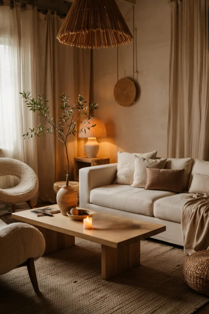 Warm modern boho living room with soft ambient lighting, woven lanterns, ceramic table lamps, cream linen sofa, layered neutral textures, wood furniture, and cozy golden evening glow.