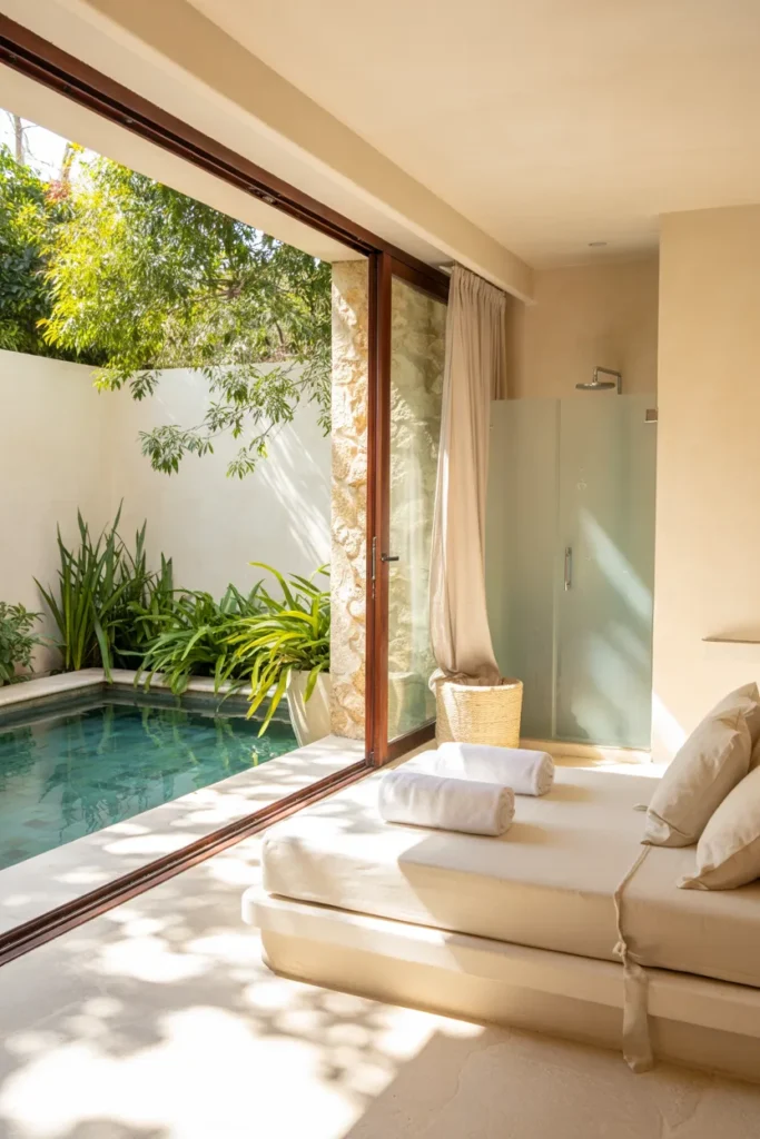 Spa retreat pool house suite with a steam shower, calming natural materials, soft summer tones, and open glass doors leading to a tranquil turquoise pool.