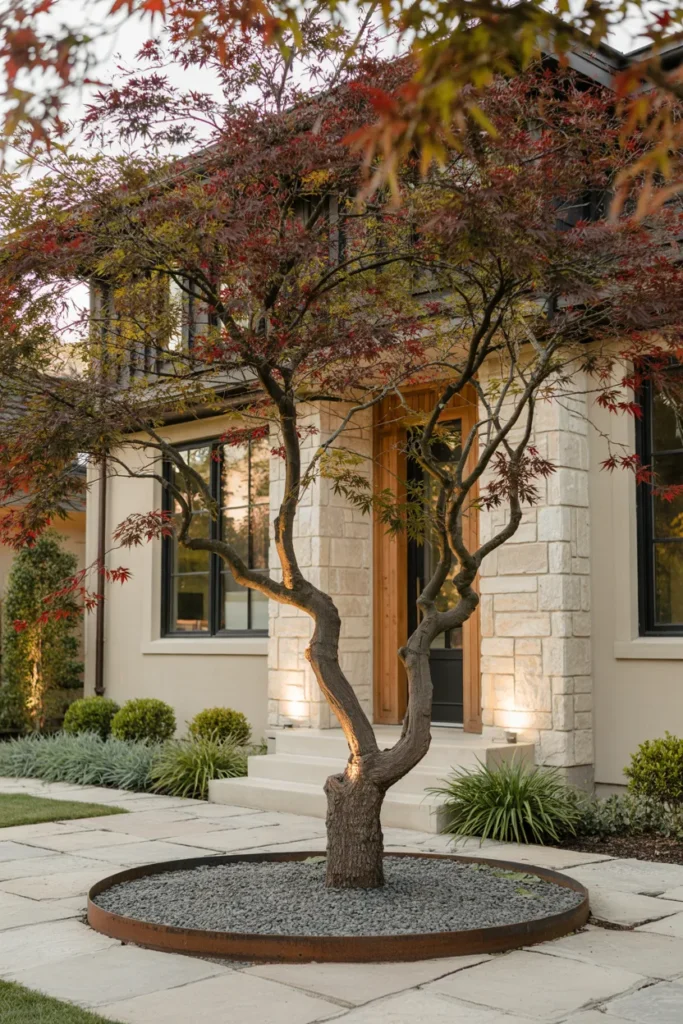A specimen tree focal point featuring a Japanese maple, sculptural landscaping, glowing uplighting, and luxury modern curb appeal.