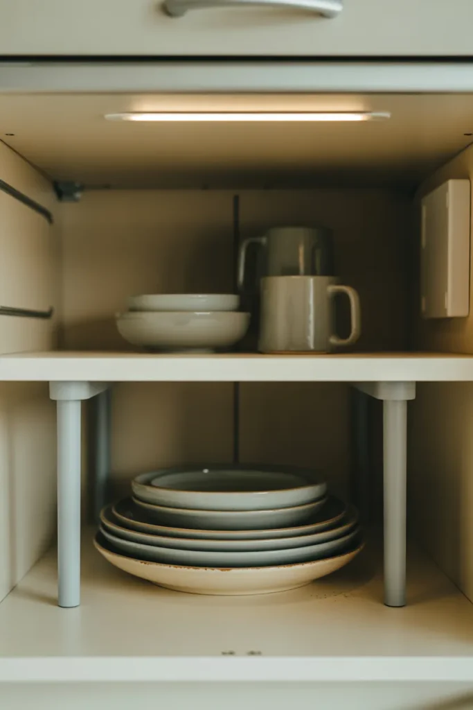 RV cabinet with stackable shelf risers doubling storage space, neatly organized plates and bowls in a tight