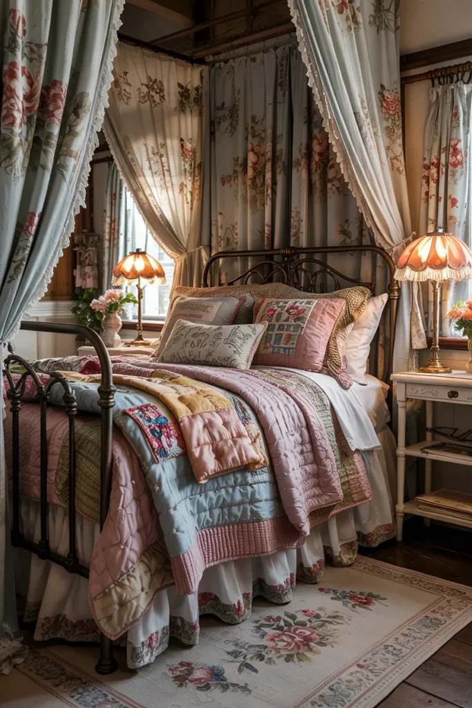 Vintage grandma aesthetic guest bedroom with layered quilts, floral lamps, vintage books, dried flowers, framed art, cozy cottagecore decor, warm lighting, and nostalgic storybook charm.