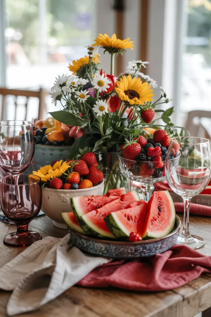 Indoor dining table with watermelon, berries, and sunflowers styled as a fresh red, white, and blue summer centerpiece for 4th of July decor.