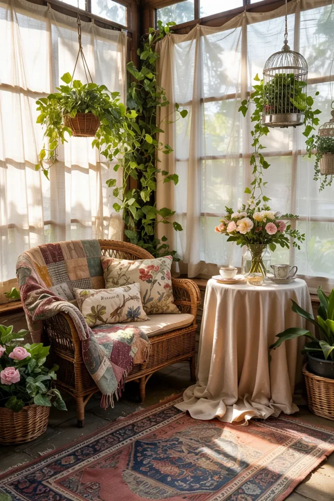 Vintage grandma aesthetic sunroom with wicker furniture, floral cushions, hanging ivy, birdcages, cream curtains, lush plants, warm sunlight, and whimsical cottagecore conservatory decor.
