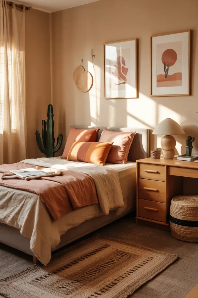 Compact sunset desert dorm room with terracotta bedding, woven textures, sand and peach tones, warm golden lighting, rattan storage, cozy study desk, and earthy aesthetic.