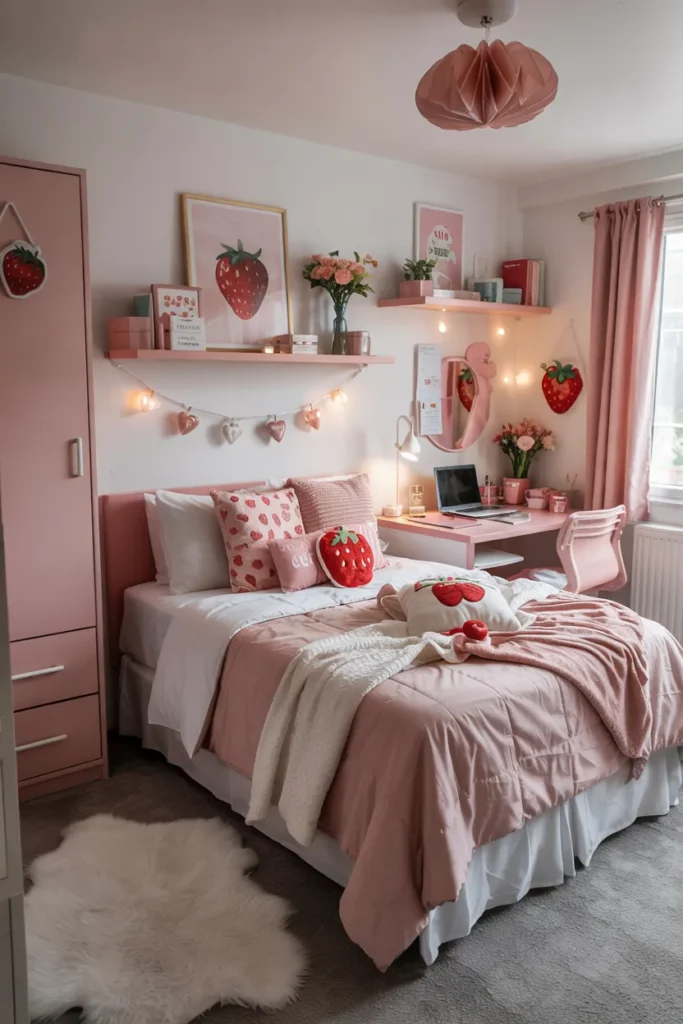 Compact sweet strawberry dorm room with neatly made single bed, pink and red bedding, cute playful decor, cozy study desk, whimsical accessories, and realistic small dorm layout.