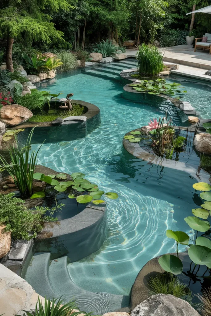 Luxury natural swim pond with aquatic plants, crystal-clear water, resort-style lounging decks, and eco-friendly natural filtration landscaping.
