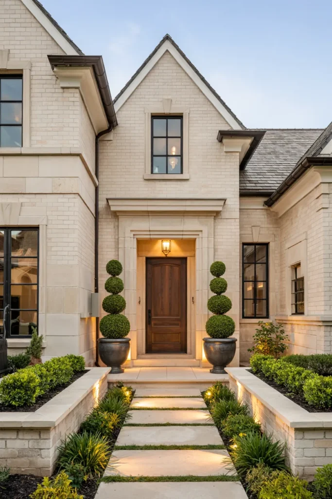 Symmetrical front entry styling, oversized planters, glowing lanterns, clipped shrubs, and timeless luxury curb appeal.