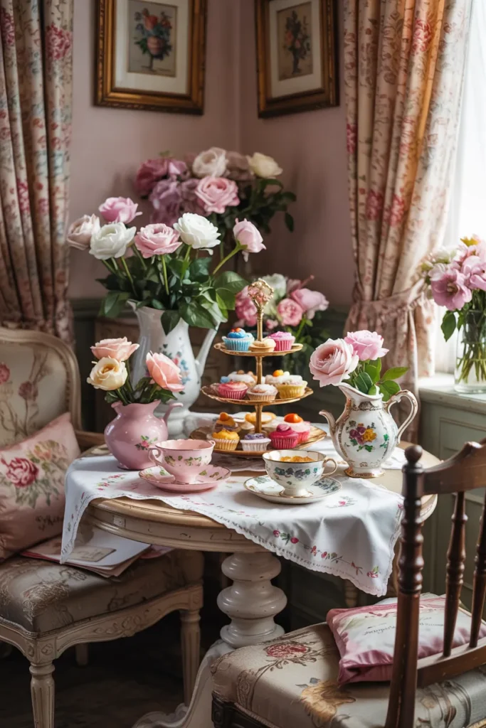 Whimsical vintage grandma aesthetic tea room corner with mismatched china, embroidered linens, pastel candles, floral curtains, antique cake stand, cottage-style sunlight, layered vintage decor, and cozy colorful tea nook styling.