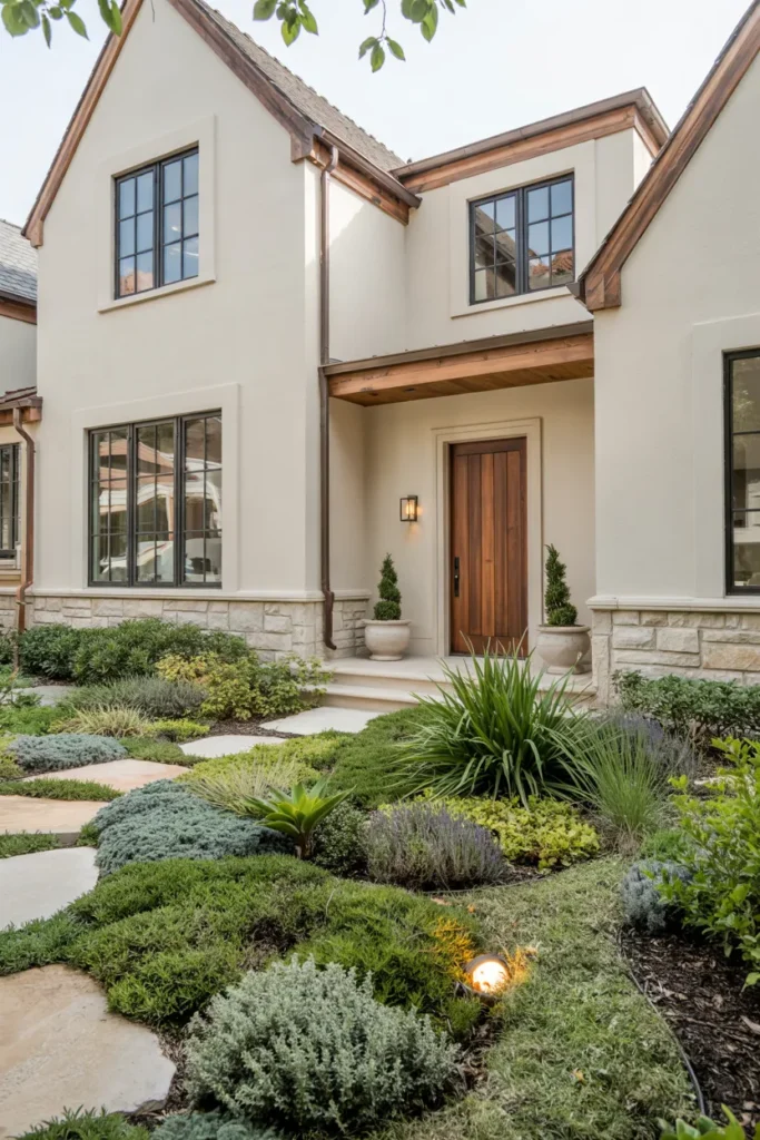 Home with textural groundcover landscaping featuring creeping thyme, clover, moss gardens, and sustainable lawn alternatives.