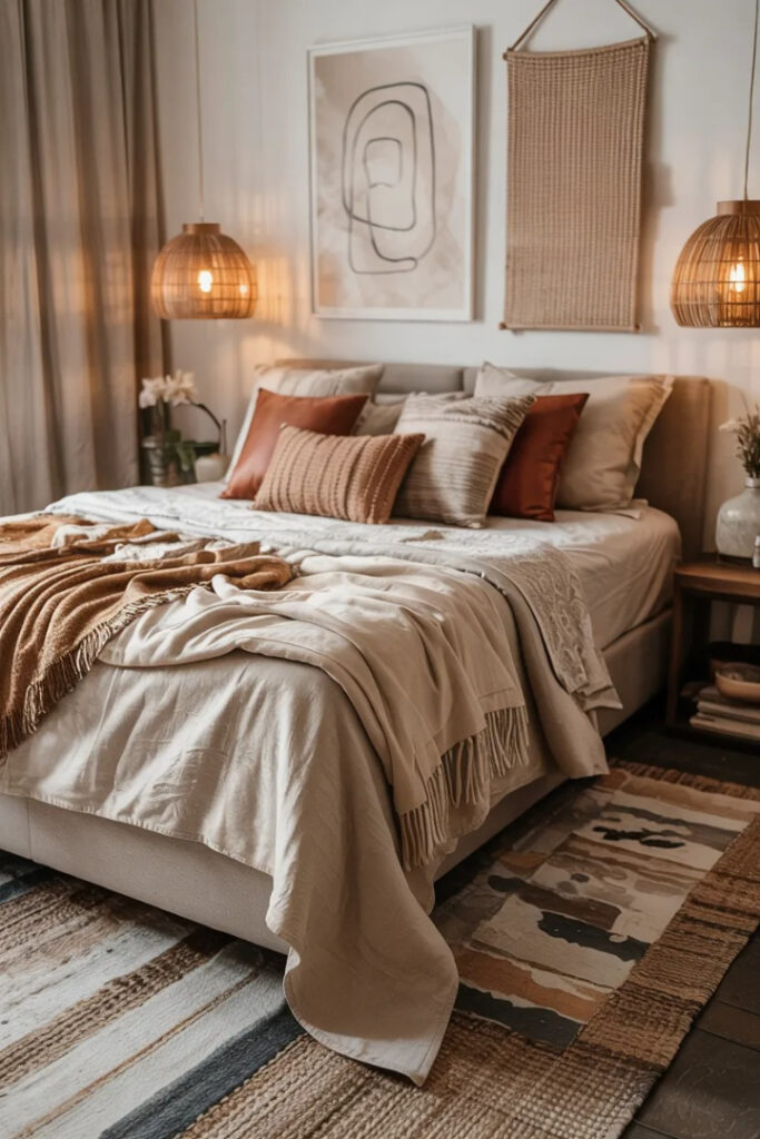 Cozy modern boho bedroom with layered textured bedding, earthy patterned pillows, warm wood furniture, woven decor, soft ambient lighting, and golden natural sunlight creating a warm inviting atmosphere.