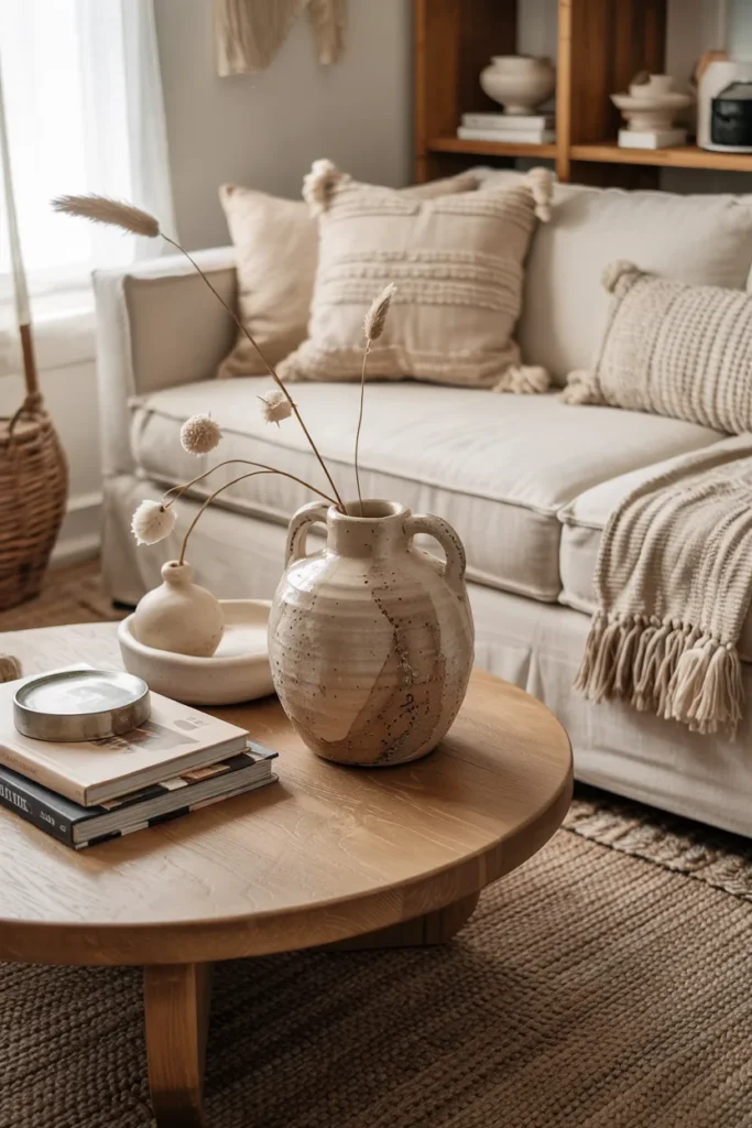 Modern boho living room with textured ceramic vases and candle holders, cream linen sofa, layered neutral textiles, warm wood furniture, woven decor, and soft golden natural lighting.
