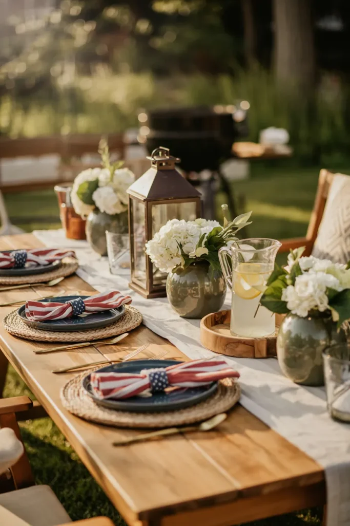 Outdoor BBQ dining table with jute runner, striped napkins, bold red and blue plates, and warm summer lighting for a patriotic setup