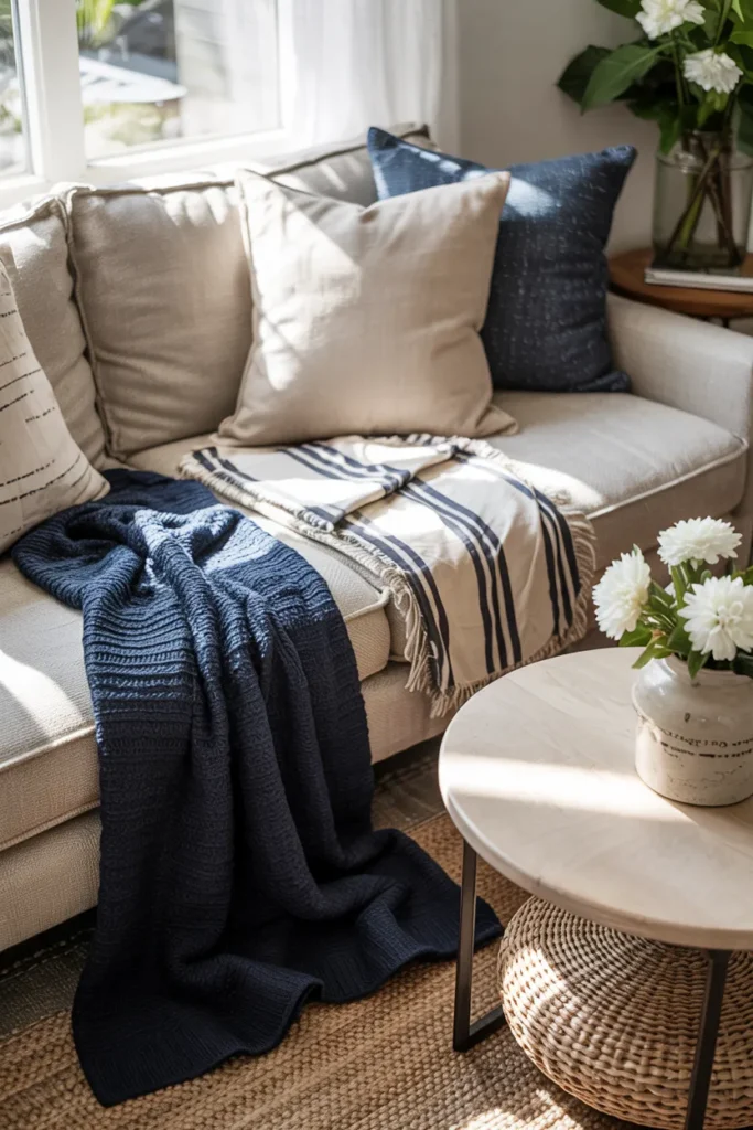 Cozy navy and striped throws styled on a neutral sofa in a bright living room with subtle patriotic 4th of July colors.