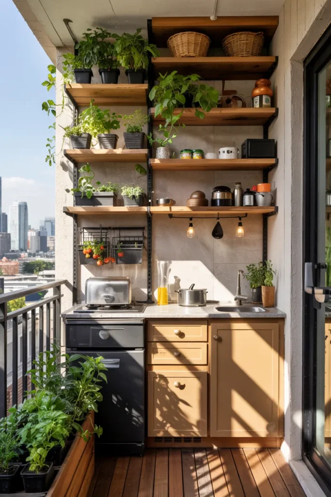 Small modern balcony kitchen with tiered wood and black metal shelves, vertical herb storage, compact kitchenette, and warm organic urban apartment styling.