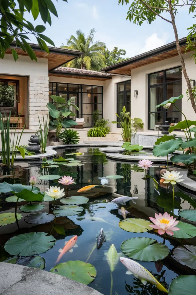 Tropical lotus fish pond with blooming lotus flowers, papyrus reeds, colorful fish, lush tropical plants, and modern transitional home landscaping.