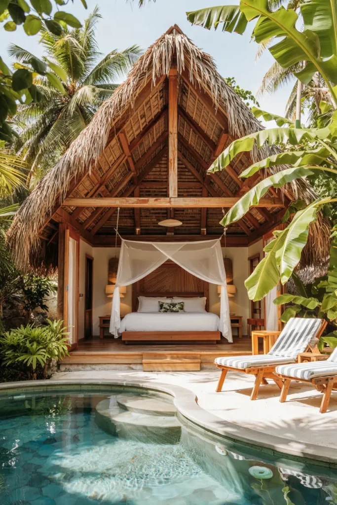 Tropical resort-style pool house guest suite with thatched roof, bamboo details, open-air bedroom, and lush greenery surrounding a bright summer pool.
