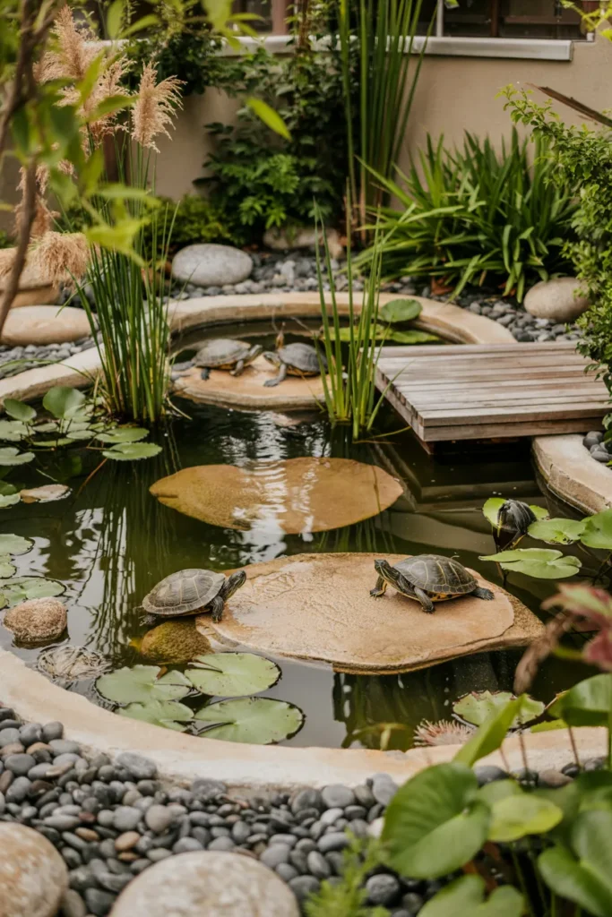 Turtle habitat pond with basking sun decks, smooth ramps, aquatic plants, sandy edges, and modern transitional home landscaping.