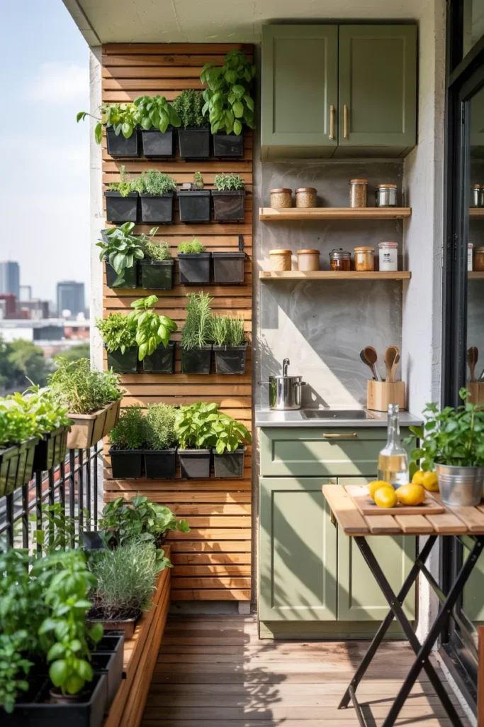 Small modern open balcony kitchen with a vertical herb wall, sage green kitchenette, warm wood decking, black railings, and compact urban apartment styling.