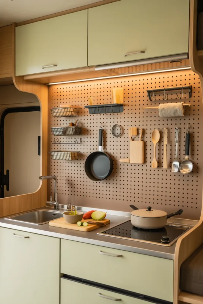 Compact RV kitchenette with vertical pegboard storage wall, hanging utensils and tools, keeping countertops clear in a smart space-saving design