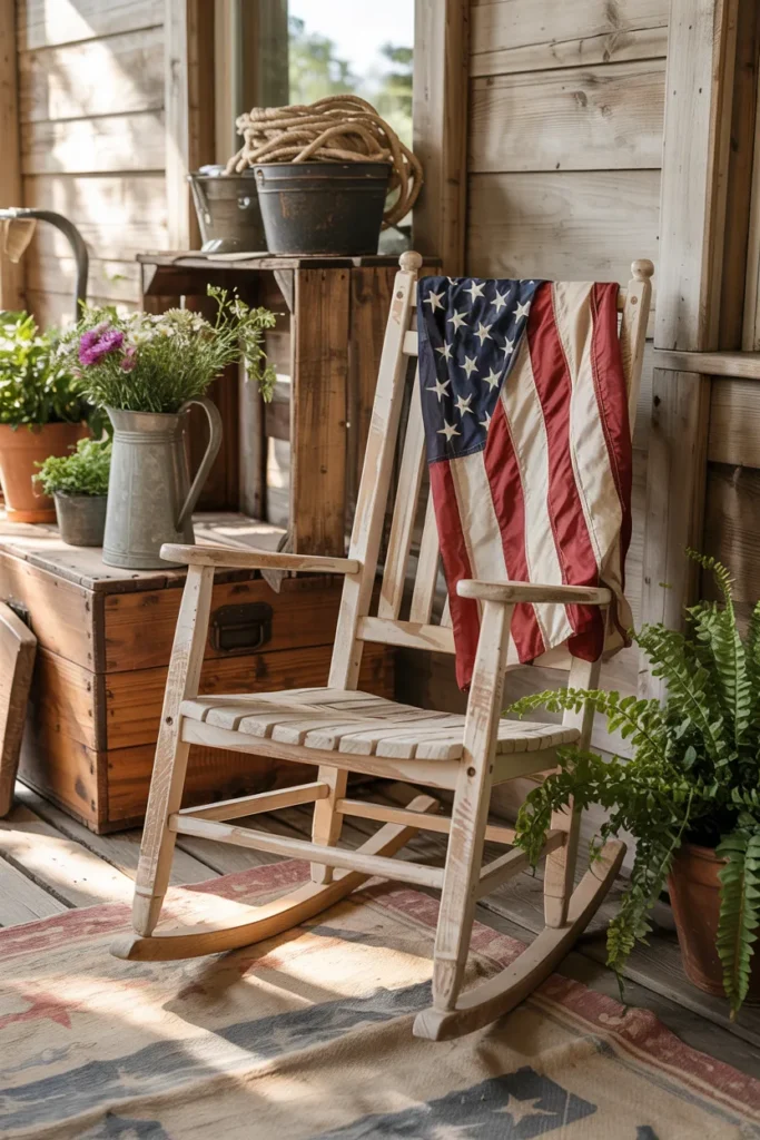 Vintage Americana porch with distressed wood furniture, antique crates, and a faded American flag in warm summer light