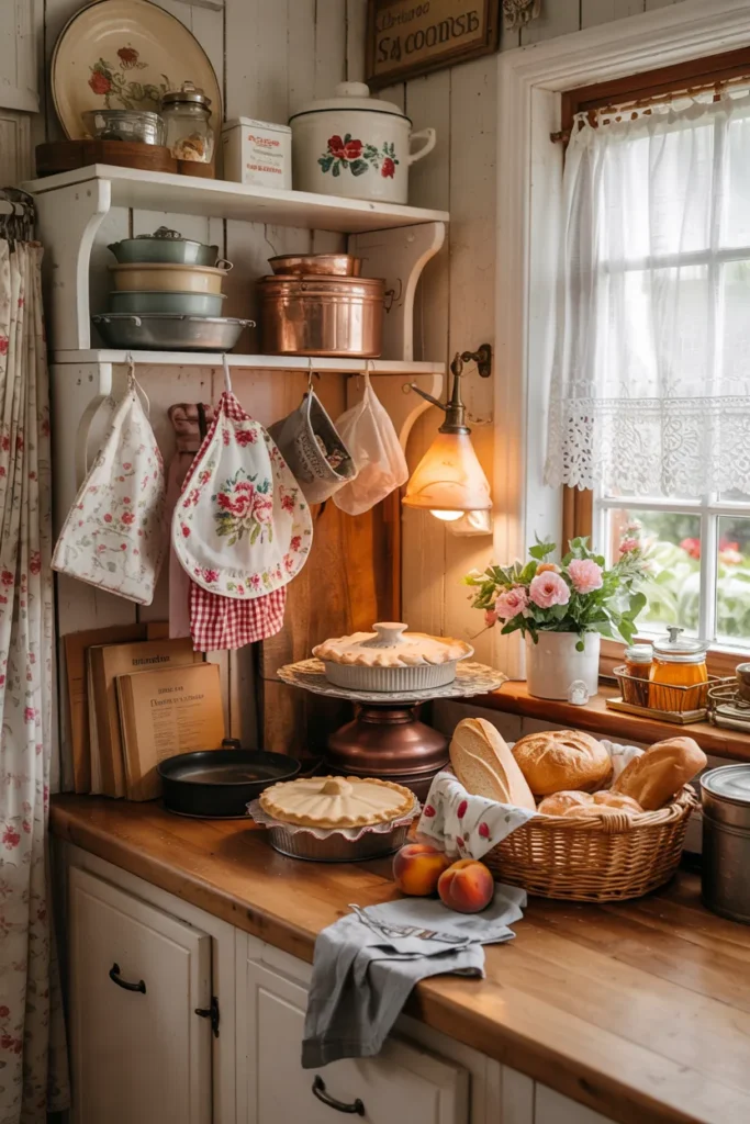 Vintage grandma aesthetic baking station with rolling pins, recipe books, pie dishes, embroidered aprons, flour jars, floral decor, warm lighting, cottagecore kitchen styling, and cozy colorful heirloom details.