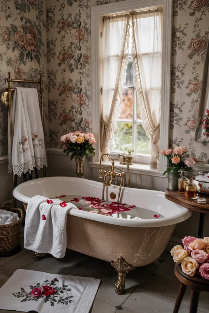 Vintage grandma aesthetic bathroom with clawfoot tub, floral wallpaper, skirted sink, brass fixtures, lace curtains, perfume trays, warm lighting, and whimsical cottagecore vintage decor.