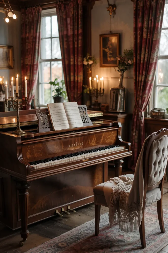 Vintage grandma aesthetic piano room with upright piano, velvet curtains, sheet music, brass candle holders, antique sconces, floral wallpaper, cozy lighting, and romantic cottagecore vintage decor.