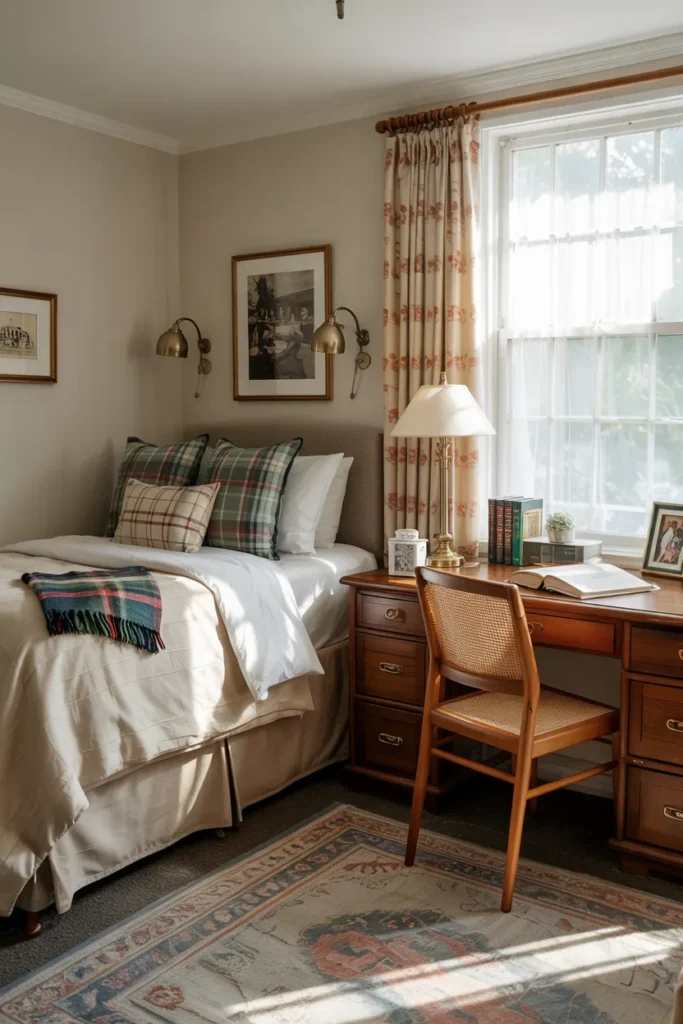 Compact vintage preppy dorm room with neatly made single bed, plaid bedding accents, framed prints, scalloped decor, study desk, polished details, and cozy realistic dorm layout.