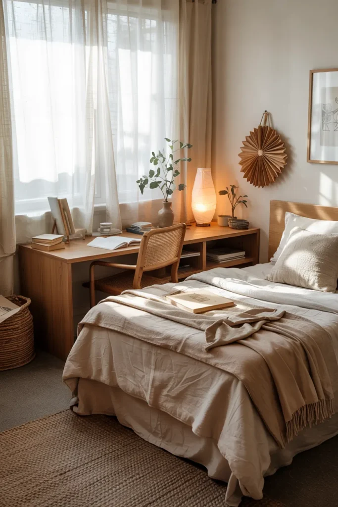 Compact earthy wabi-sabi dorm room with neatly made single bed, natural linen bedding, raw wood furniture, calm neutral tones, minimal decor, cozy study desk, and realistic small dorm layout.
