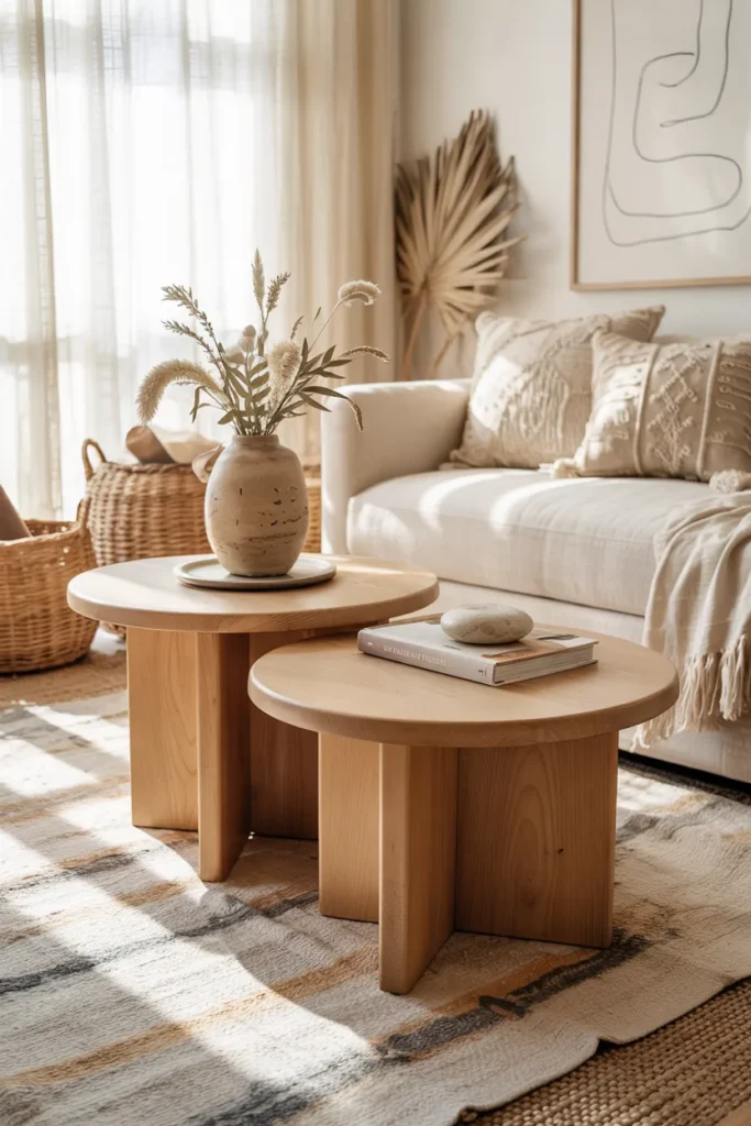 Cozy modern boho living room with warm oak and walnut side tables, cream linen sofa, layered neutral textures, woven decor, ceramic accessories, and soft golden sunlight creating a warm inviting atmosphere.