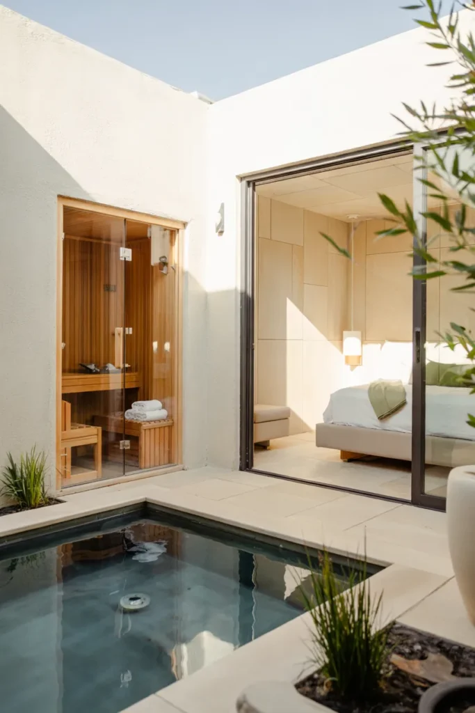 Luxury wellness pool house suite with a cedar sauna, cold plunge pool, natural stone finishes, and soft summer styling for a high-end spa retreat.