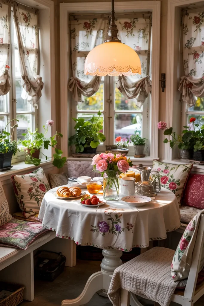 Whimsical vintage grandma aesthetic breakfast nook with round pedestal table, floral cushions, delicate curtains, warm pendant lighting, vintage china, cottagecore decor, and colorful cozy morning atmosphere.