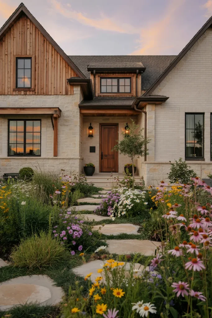 Modern home with a wildflower meadow front yard featuring native blooms, tall ornamental grasses, curved stone pathways, and eco-friendly romantic landscaping.
