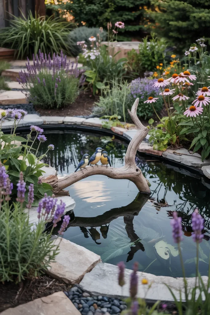 Whimsical wildlife sanctuary pond with mini streams, birds, bird figurines, pollinator plants, driftwood, frog shelters, and modern transitional home landscaping.