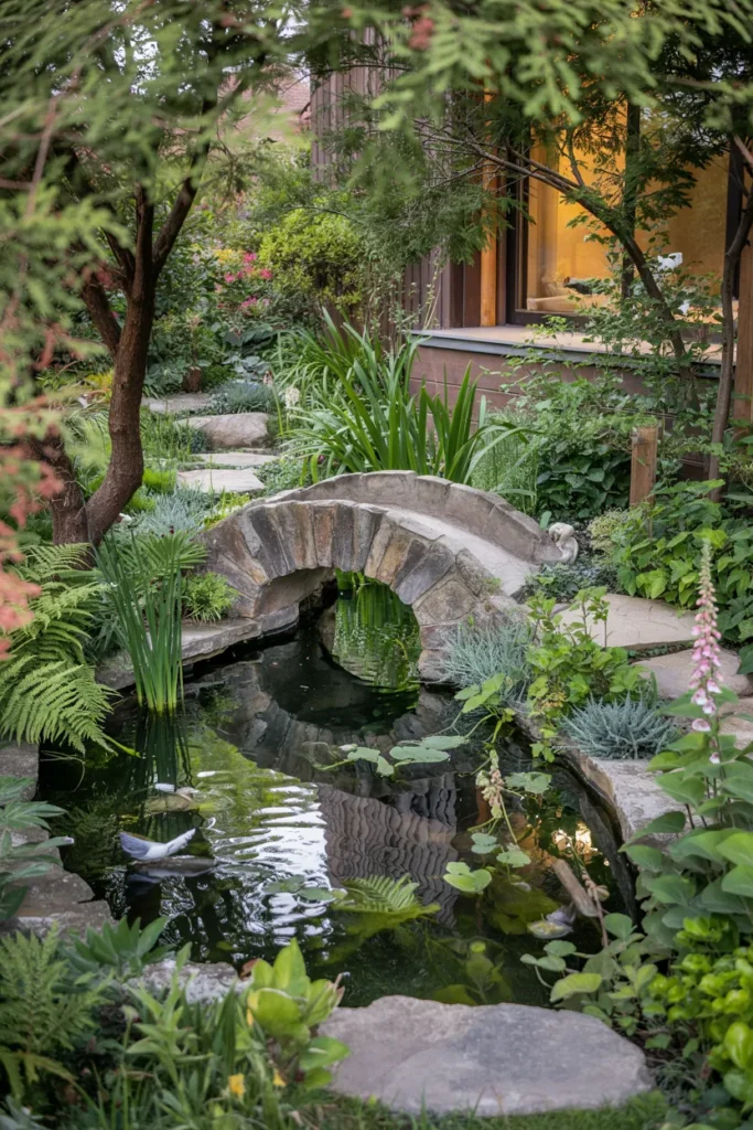 Whimsical woodland fairy pond with moss-covered stones, tiny bridges, birds, bird figurines, ferns, mushrooms, and soft waterfalls beside a modern transitional home.
