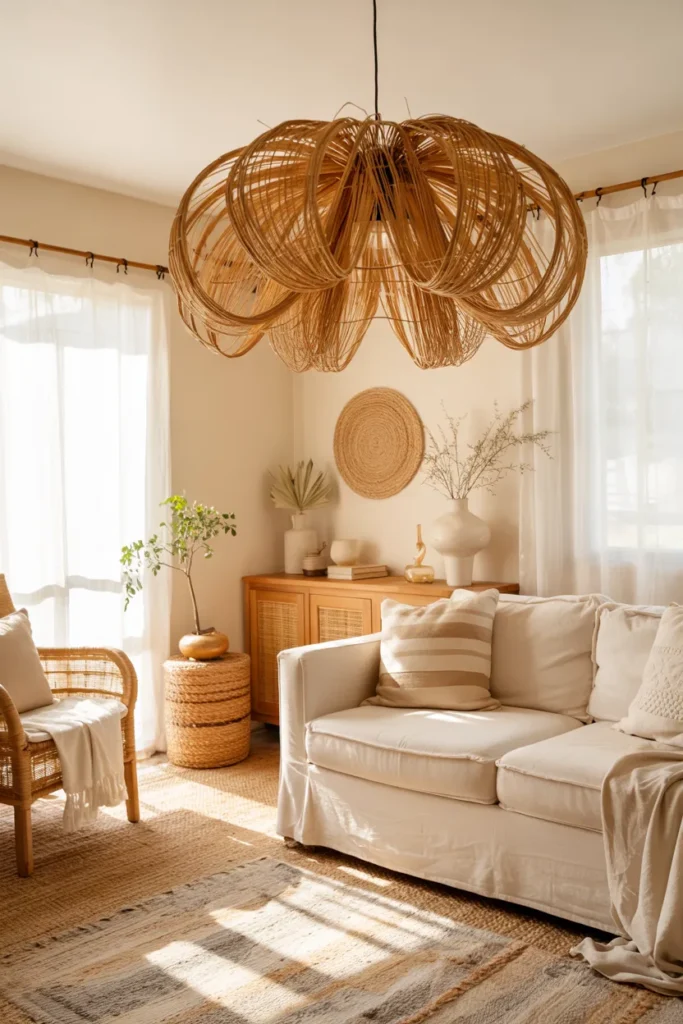 Modern boho living room with an oversized woven rattan pendant light, cream linen sofa, layered textured rugs, warm wood furniture, ceramic decor, and soft golden natural lighting creating a cozy airy atmosphere.