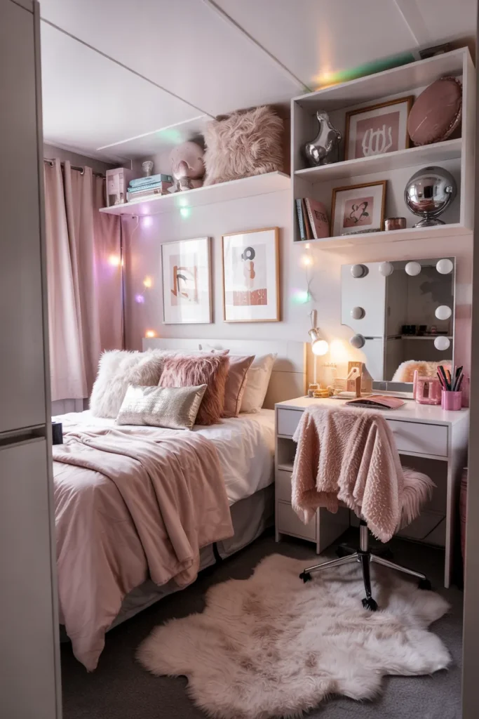 Compact Y2K glam dorm room with neatly made single bed, pink bedding, chrome accents, glossy furniture, playful mirrors, glam study desk, and realistic stylish dorm layout.