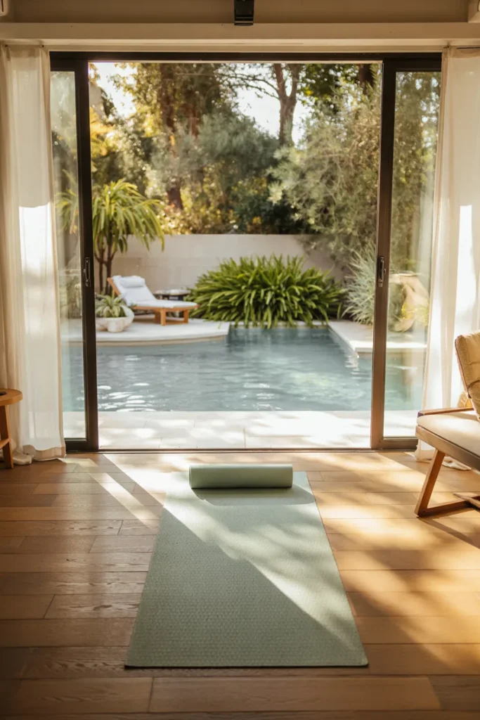 Minimal yoga and meditation pool house guest suite with a neat yoga mat area, meditation cushions, open glass walls, and a bright turquoise summer pool in a peaceful wellness retreat setting.