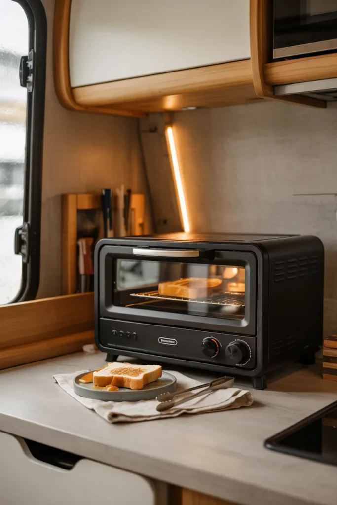 Compact RV kitchenette with a small 2-in-1 air fryer toaster oven on a tight countertop