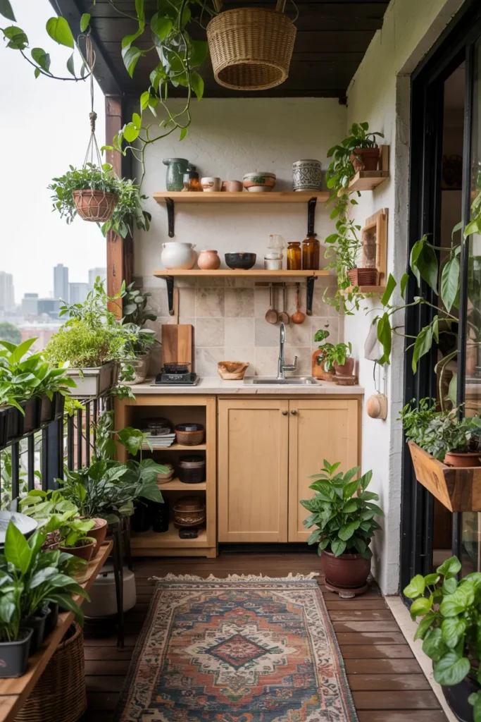 Tiny boho balcony kitchen garden with layered plants, terracotta pots, compact clay-toned kitchenette, open black railings, and relaxed artistic small-space styling.