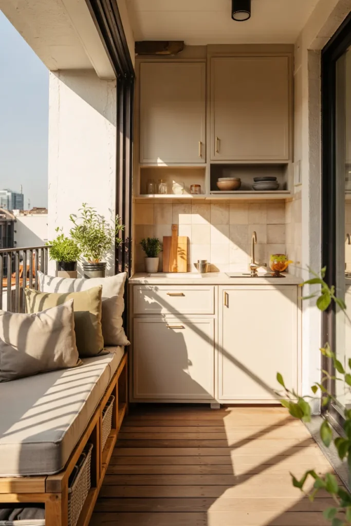 Small modern balcony kitchen with a built-in storage bench, compact white kitchenette, open black railings, teak flooring, and stylish hidden storage seating.