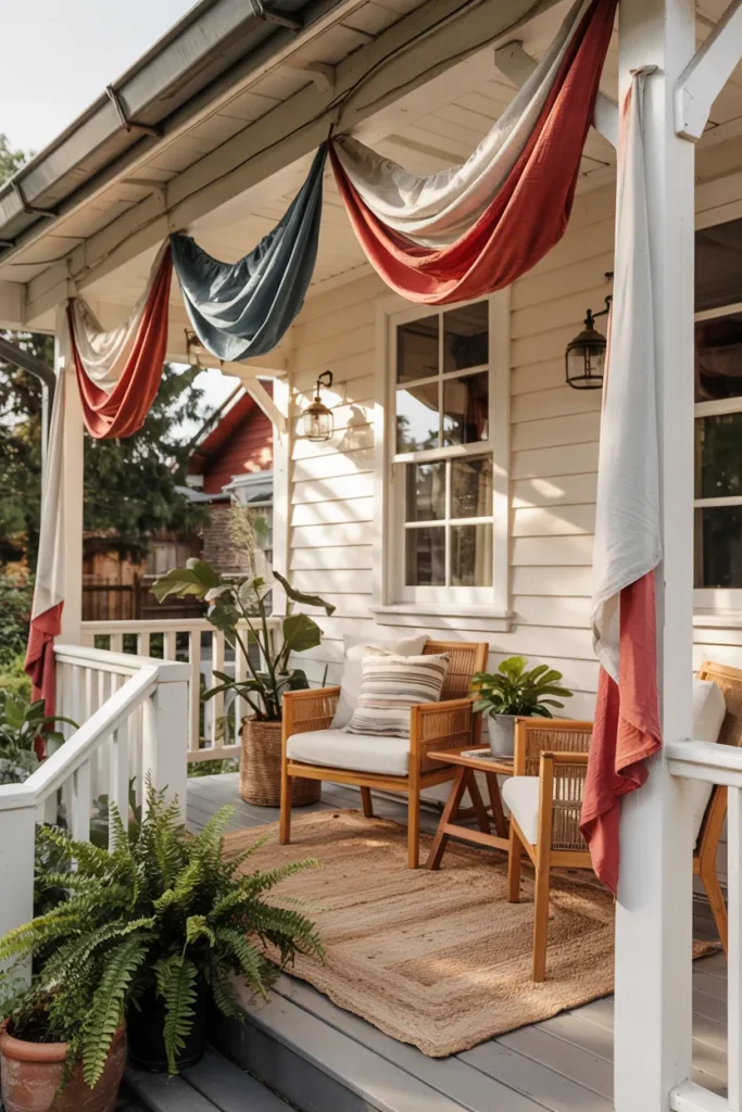Soft fabric patriotic bunting draped across a modern farmhouse porch railing in muted red white and blue with warm summer lighting