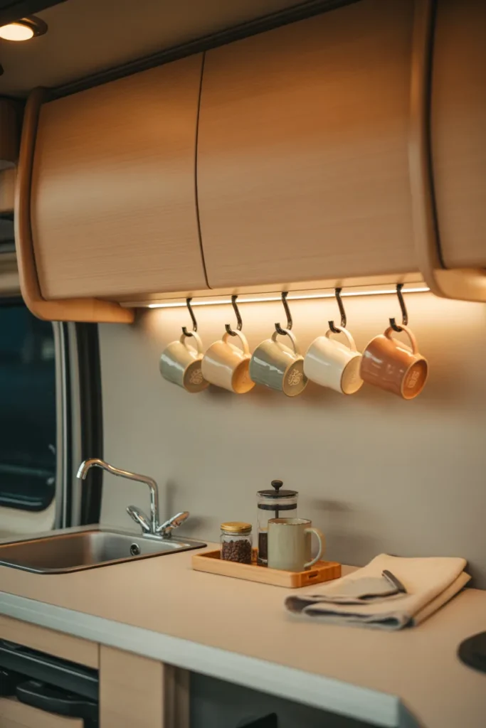 Compact RV kitchenette with under-cabinet mug hooks holding ceramic mugs, with warm lighting and space-saving design