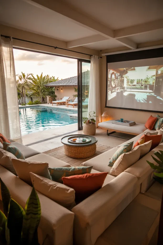 Luxury pool house entertainment hub with a cinema corner, large lounge seating area, and glowing turquoise summer pool all visible together in one modern indoor-outdoor space.