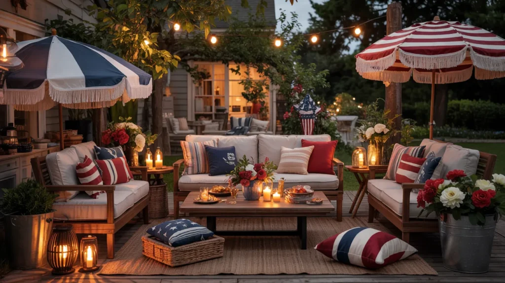 Stylish 4th of July home decor cover photo featuring patriotic porch styling, cozy backyard patio lounge, festive dining table, string lights, and elegant red white and blue summer decor.