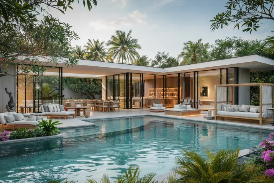 Luxury summer pool house retreat cover photo featuring modern guest suites, outdoor lounge areas, yoga space, dining pavilion, and a sparkling turquoise resort-style pool surrounded by lush landscaping.