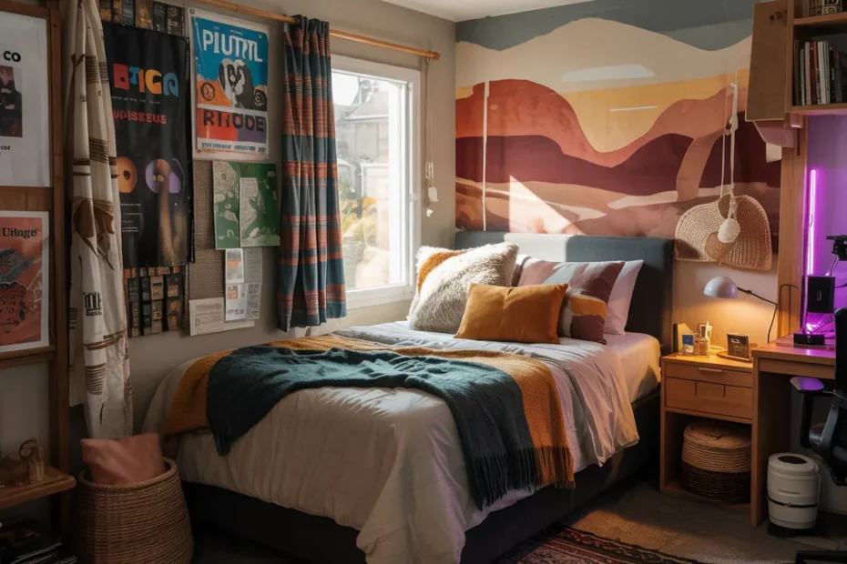 Pinterest-worthy aesthetic dorm room collage featuring compact cozy dorm setups with neon LED lighting, indie posters, warm cabin bedding, sports-inspired decor, desert-toned accents, study desks, and stylish modern student room ideas.
